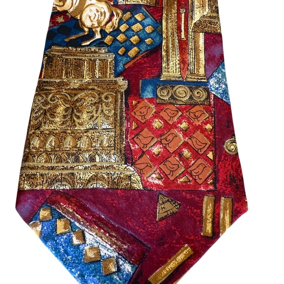 Audrey Buckner Red & Gold Romanesque Print 100% Silk Handmade in Italy Neck Tie - Picture 7 of 14